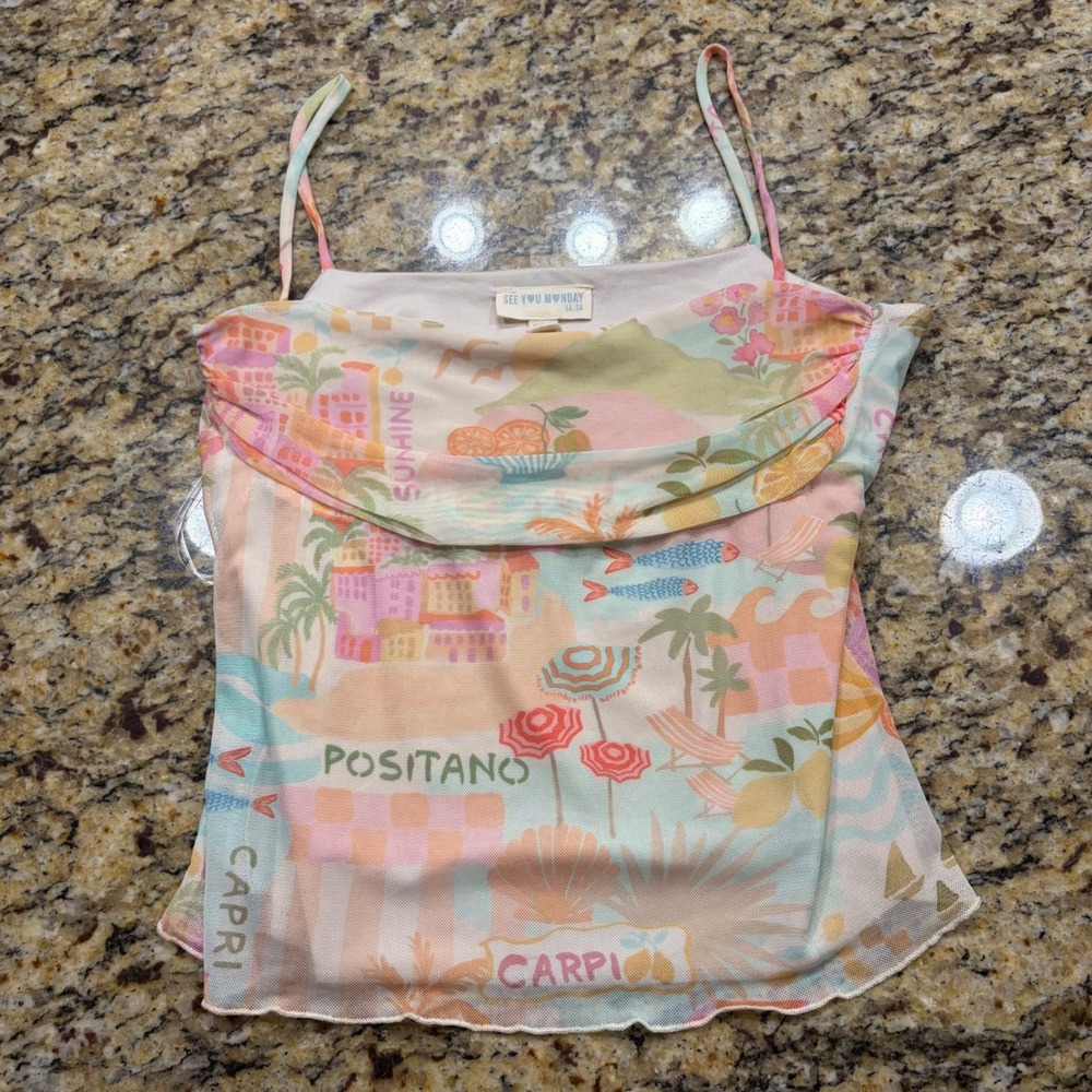 See You Monday Positano Capri Mesh Cowl Neck Cami Top M Y2K Pastel Summer v